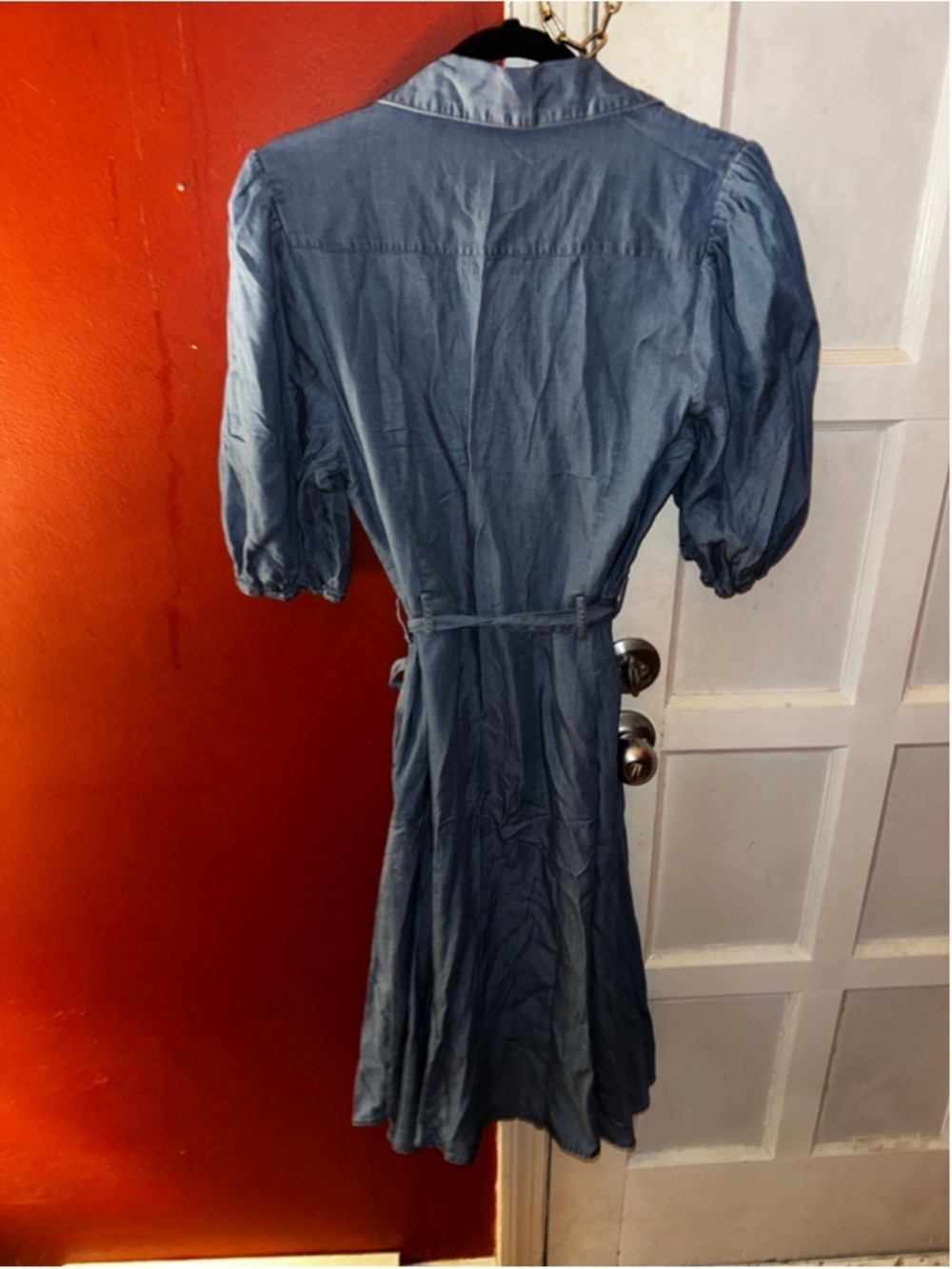 Sharagano Chambray Shirt Dress Button Front Tie Waist Blue Midi Size 10 - Picture 5 of 7